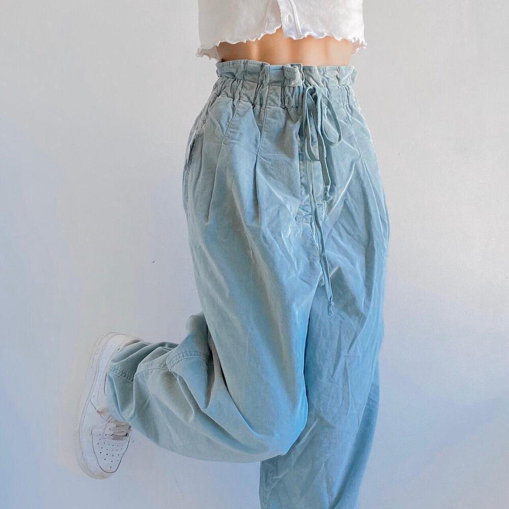 Free People Light Blue Corduroy Paperbag Waist Pleated Trouser Pants XS